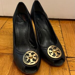 Tory Burch Black Wedges with Gold Emblem